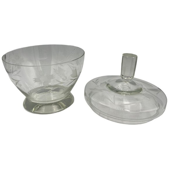 Vintage Engraved Floral Crystal Candy Dish with Lid Clear Glass READ - Picture 5 of 14